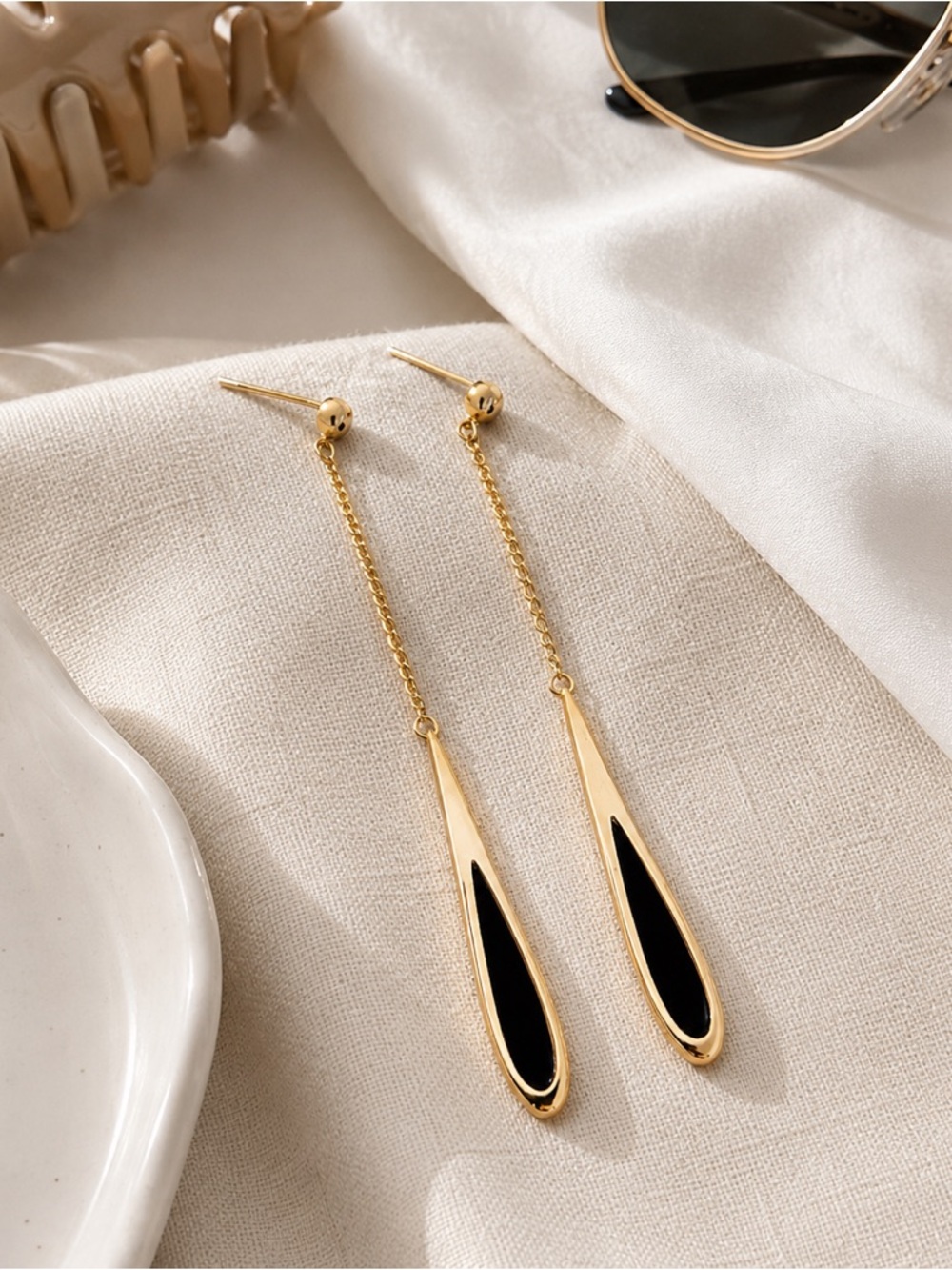 Anthropologie Gold Black Teardrop Earrings – Minimal Chic Statement